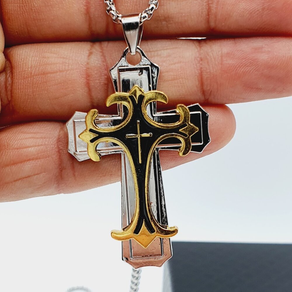❤️ Stainless Steel Retro Layered Cross Necklace , N90201P120 - Picture 10 of 13